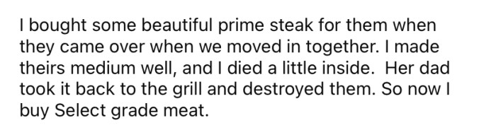 When his in-laws visited, the OP cooked some amazing prime steak for them to enjoy medium-rare.