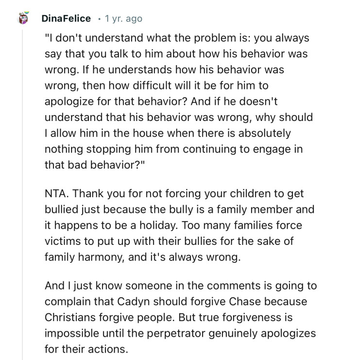 “NTA. Thank you for not forcing your children to get bullied just because the bully is a family member and it happens to be a holiday.”
