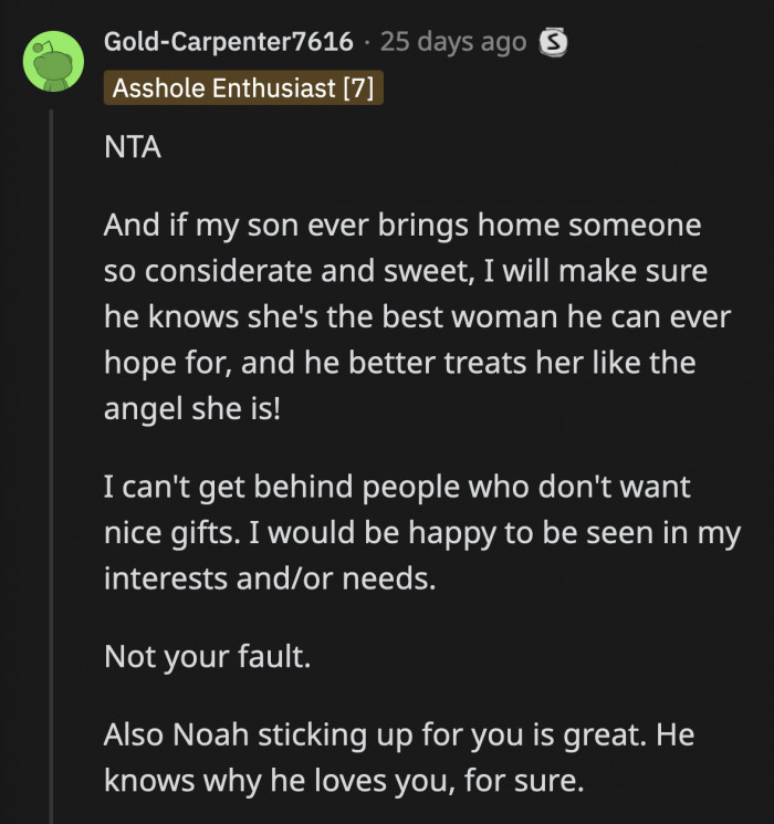 You would think Noah's parents would feel delighted to have someone like OP be a part of their family, but no. They are just as bad as the rest of them, and OP deserves better.