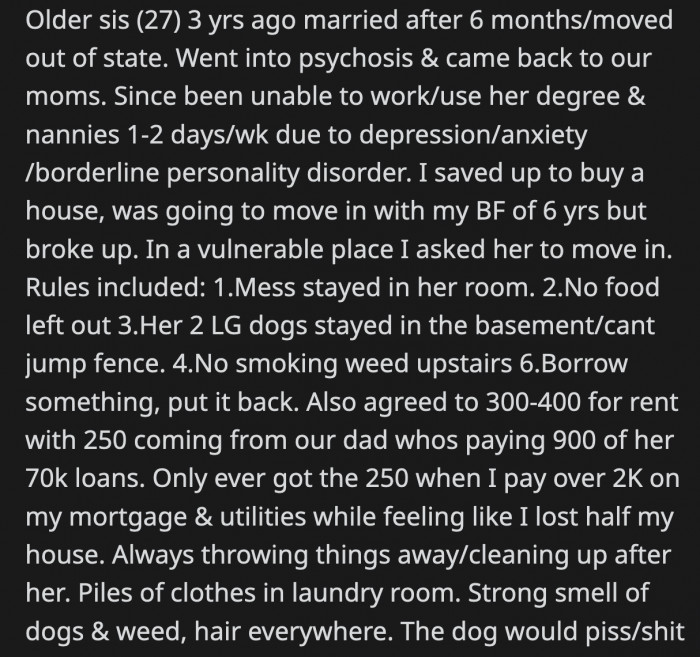 OP’s sister had been unable to live her daily life properly after suffering from her mental disorders