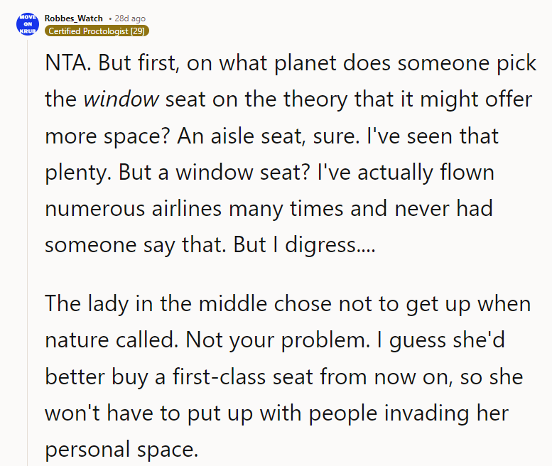 If She Was So Concerned with Personal Space, She Shouldn't Have Gotten on an Airplane. NTA