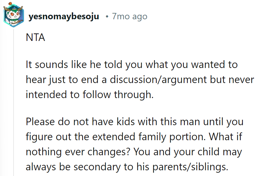 Actions over words. Fix the in-law drama before baby talk.