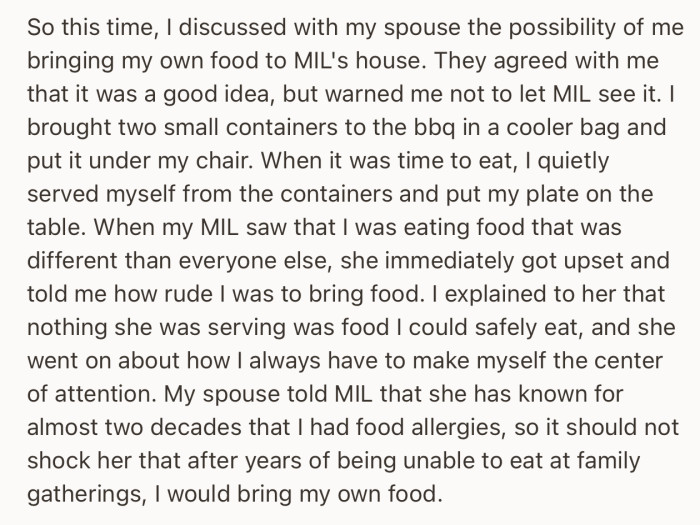 OP resorted to bringing their own food to the barbecue, which got MIL upset. However, their spouse stood up for them