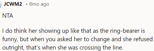 The ring bearer was amusing, but her refusal to change when asked crossed a boundary.