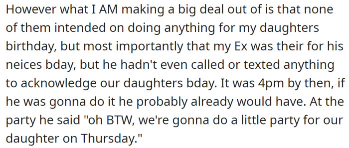 OP was hurt seeing her ex-husband at a cousin's party because he had forgotten about his own child's birthday: