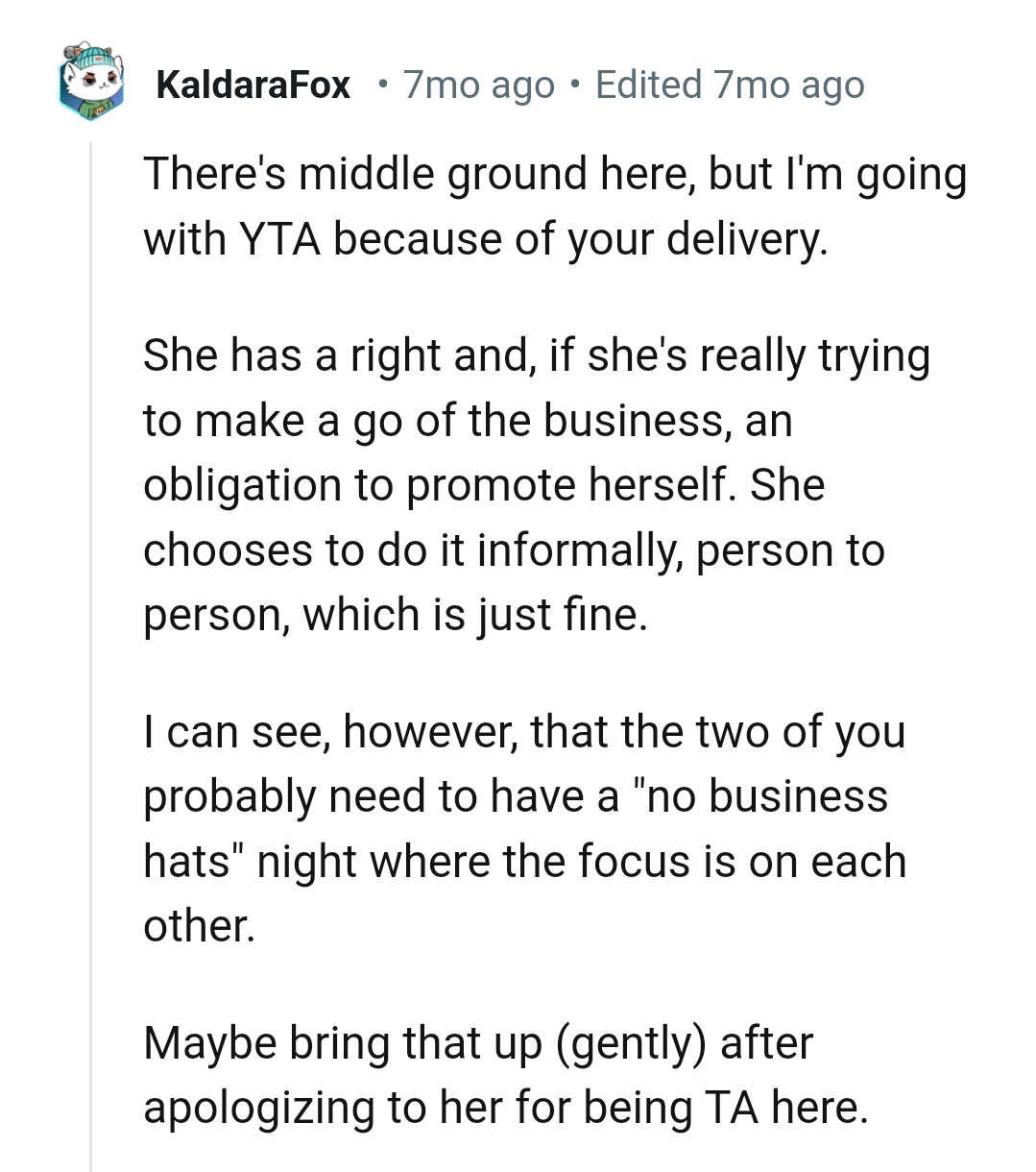 OP's wife only chose to promote her business informally