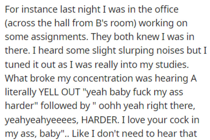 OP Was Working on Some Assignments One Night When She Was Interrupted by Noise Coming from B's Room