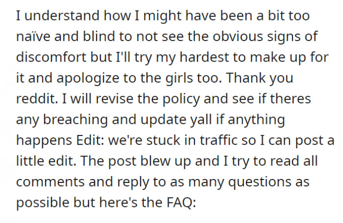 OP admits to being ignorant of the signs but wants to make up for it. He wants to revise their policy to accommodate their concerns.