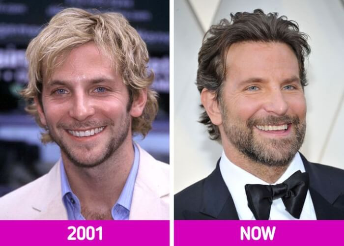 6. Early in his career, Bradley Cooper frequently wore unbuttoned shirts and appeared with messy blonde hair