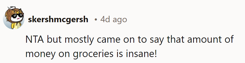 NTA, but seriously, that grocery bill needs a reality check—it’s off the charts!