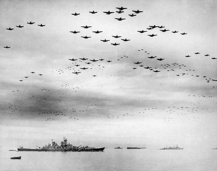 "Huge Formation Of American Planes Over USS Missouri And Tokyo Bay Celebrating The Signing, 2 September 1945"