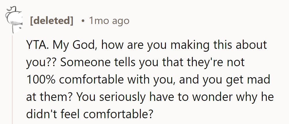 Focus shifts from son's comfort to parent's reaction.