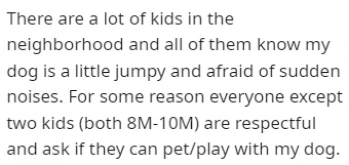 All of the kids in the neighborhood know that OP's dog is jumpy and afraid, except for these two