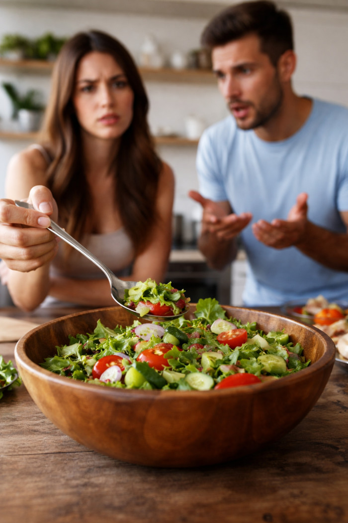 The OP's girlfriend kept eating from the communal bowl with the same spoon she was mixing it with.