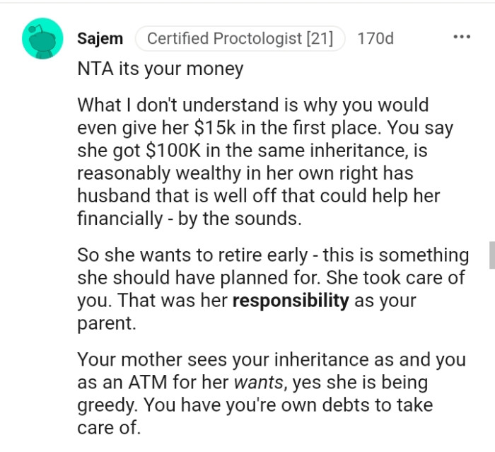 This is something OP's mom should have planned for