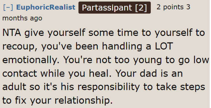 It's time for the OP to heal her mind, and that means being away from her father.