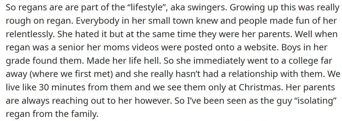 Her parents were swingers, and that had caused her a lot of humiliation while growing up.