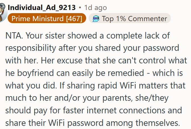 Sister misuses shared wifi and refuses responsibility after password change.