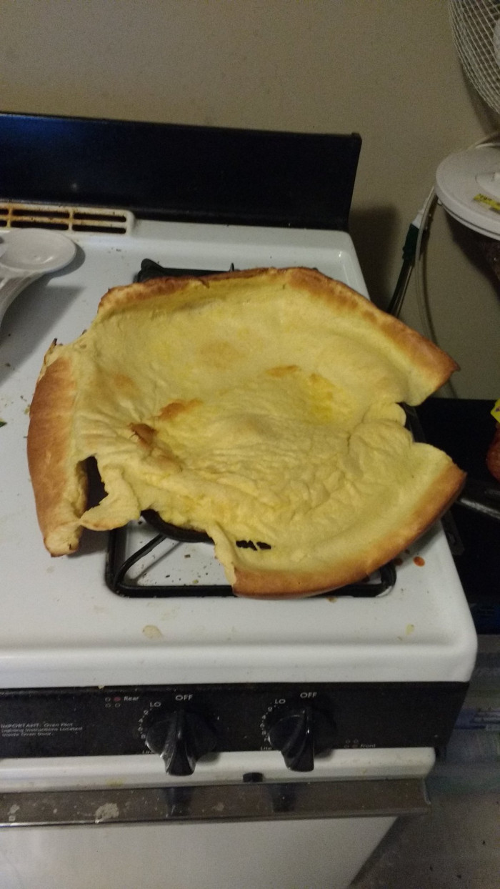 41. My Dutch Baby Pancake recipe said it would expand. I wasn't expecting to take this out of the oven. Its radius is three to four inches larger than my cast iron skillet.