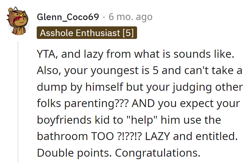 Bathroom buddy drama at 5? The irony of calling others lazy.