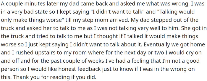This sparked an emotional reaction from their stepmother, who began to express her insecurities about her weight and the negative experiences she had in the past because of it.
