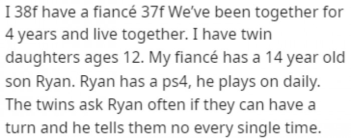 OP has been together with her fiancé for 4 years and they both brought kids into the relationship