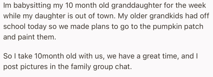OP posted pictures in the family group after having a good time at the pumpkin patch with her grandkids