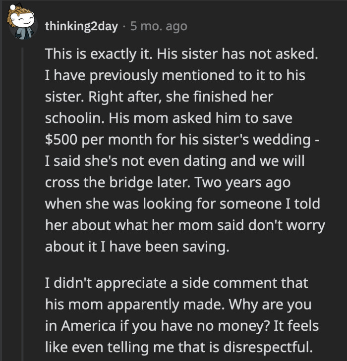 Apparently, OP's SIL didn't even ask OP's husband for any monetary help. She and OP talked about it previously and SIL shared she started saving for her own wedding.