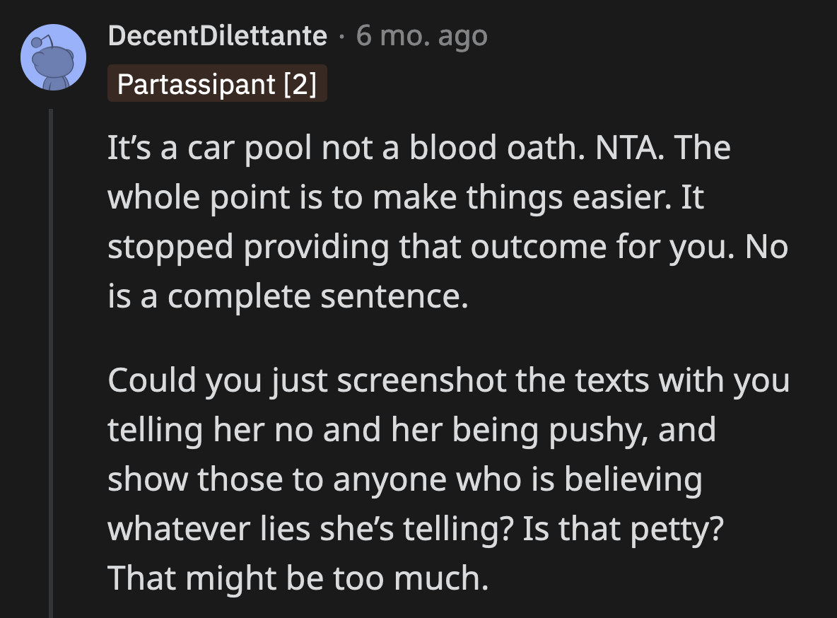 OP has no contractual obligation to carpool with the other mom.