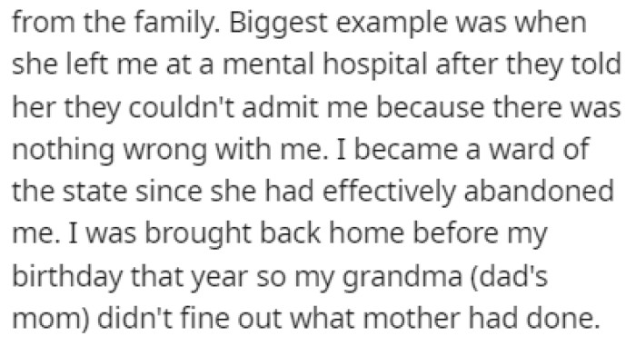 OP's mother left her at a mental hospital, which meant that she had effectively abandoned her