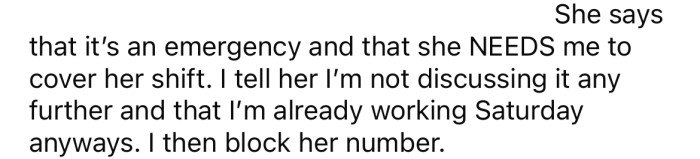 After that, the OP blocked her coworker's number.