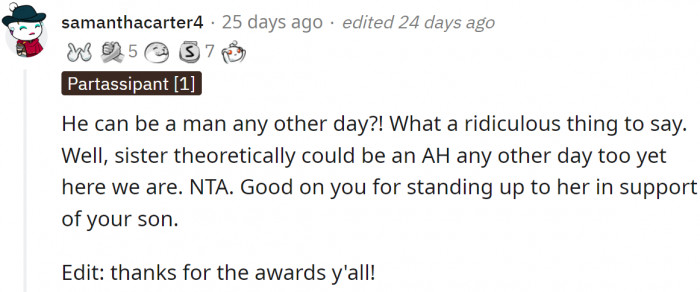 He just supported his son, which she should have done as well