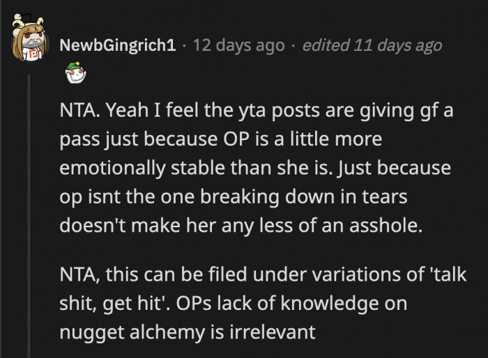 A lot of people also sided with OP and said his knowledge of chicken nuggets is irrelevant because his girlfriend made fun of him first.