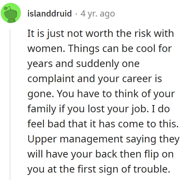 Workplace tightrope: smooth for years, one complaint, and it's career acrobatics. Upper management's 