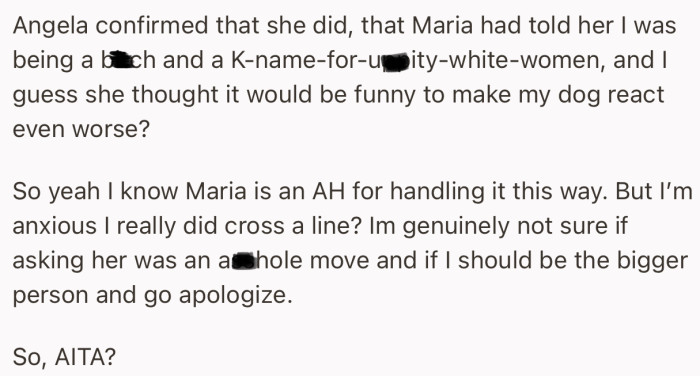 She wants to know if she was wrong to ask Maria to move her zombie