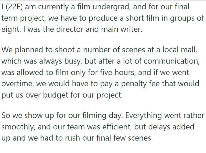 A 22-year-old film undergrad was embarking on her final term project—a short film for which she served as both director and main writer.