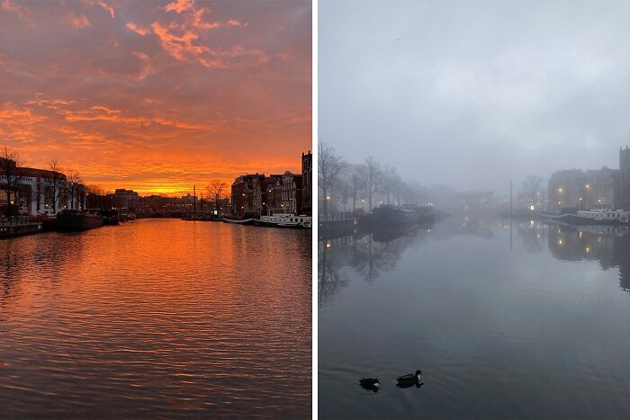 "Sunrise In Amsterdam, Same Spot, Same Time, 24h Apart"