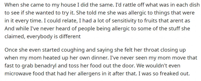 Over the years, OP's friend had always claimed she was allergic to Indian food. This made OP adjust certain parts of her life to avoid triggering her friend's allergies
