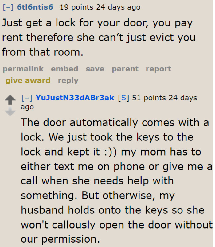 It's sad that she has to get a lock because of the situation.