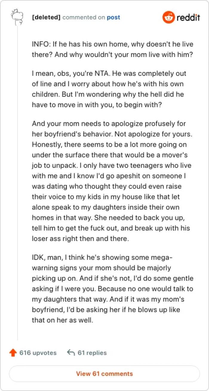 Why did his mom side with the boyfriend, anyway?