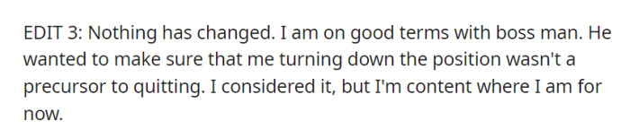 Now they're on good terms with the boss, but there's no change regarding their position.