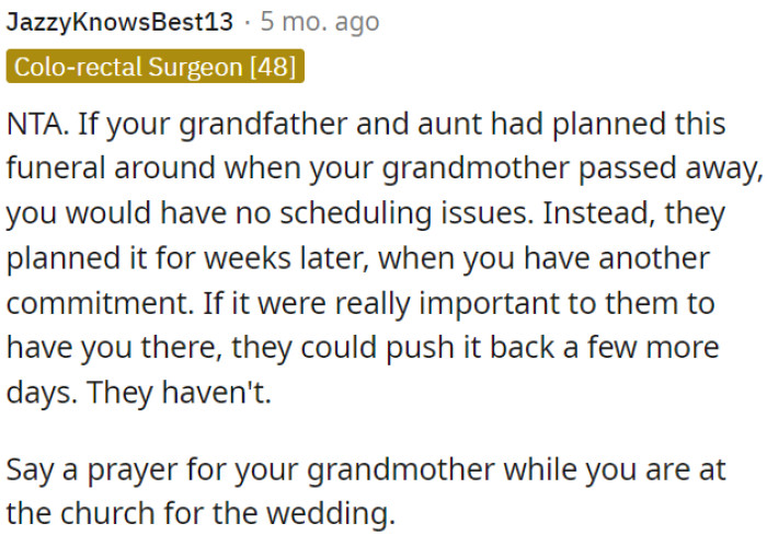 OP can pray for her grandmother during the wedding.