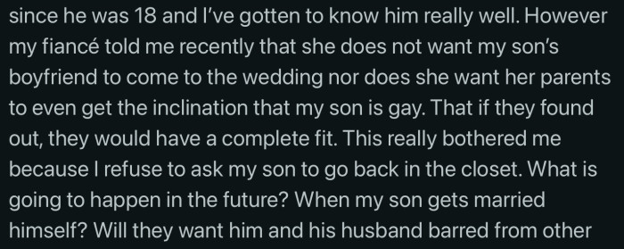 Her idea of a perfect wedding includes her parents not finding out that OP's son is gay, which is why the boyfriend should not be present at the wedding. But OP is confused—what about in future family gatherings?