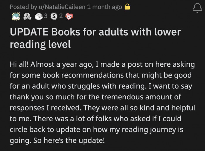 A year after OP's initial post, they posted an update about their reading journey so far
