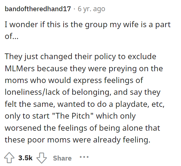 It seems like MLMs aren't exactly as comforting as some women make them seem, and this guy's wife has been on the front row of this.