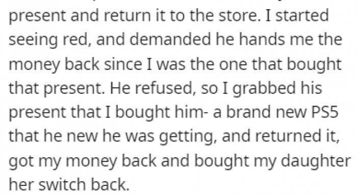 When OP found out that her husband returned the Switch to the store, she decided to retaliate in the same fashion