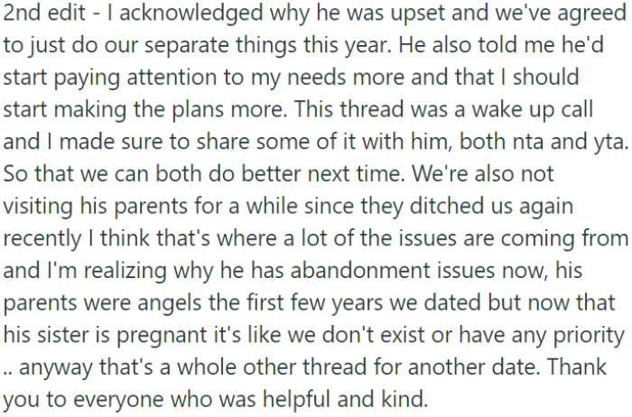 OP and her husband discussed their issues and decided to pursue their own plans separately