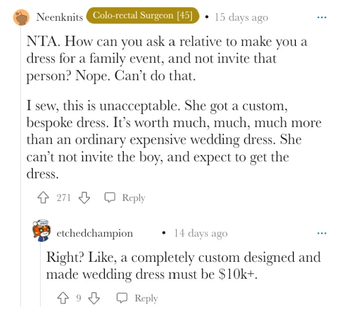 Inviting her nephew is a gift, but the dress should be compensated reasonably, even if they are relatives.