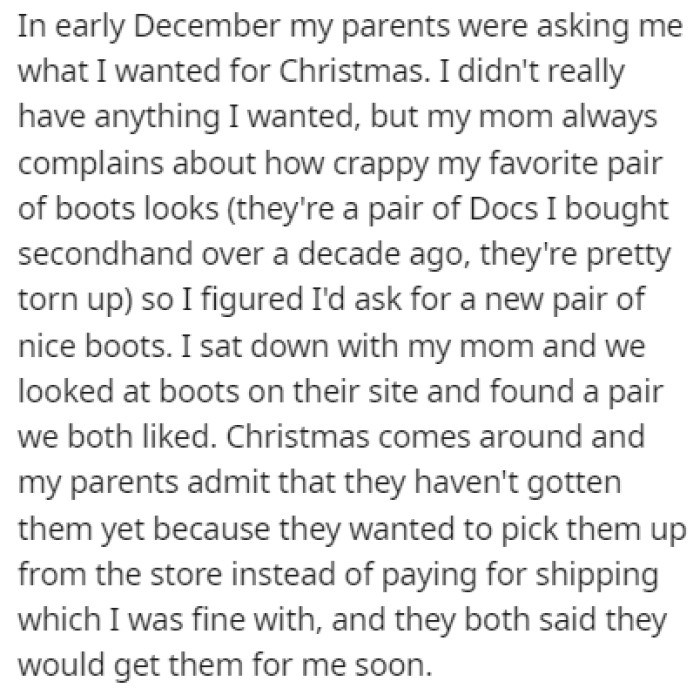 OP's parents were asking them what they wanted for Christmas in early December