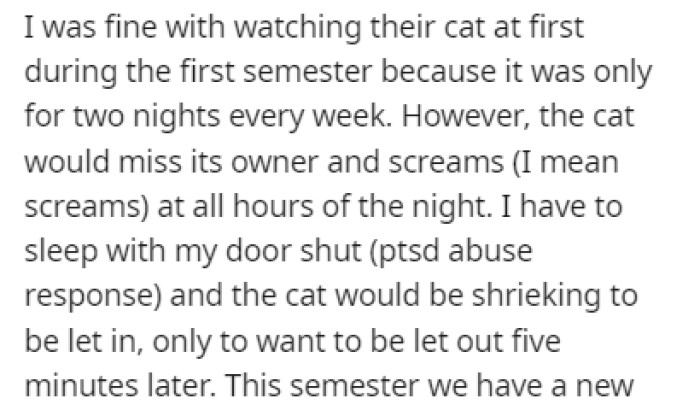 OP had no issues with watching their roommate's cat during the first semester